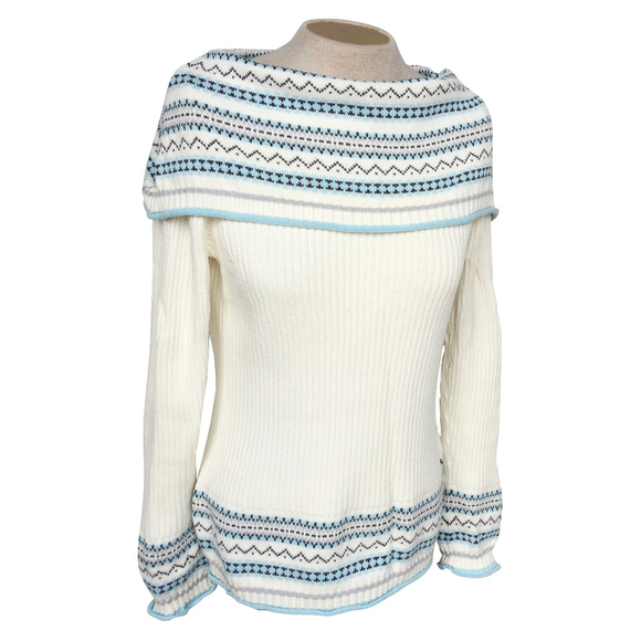 Cato Sweaters - CATO Ivory Blue Fair Isle Ribbed Sweater L